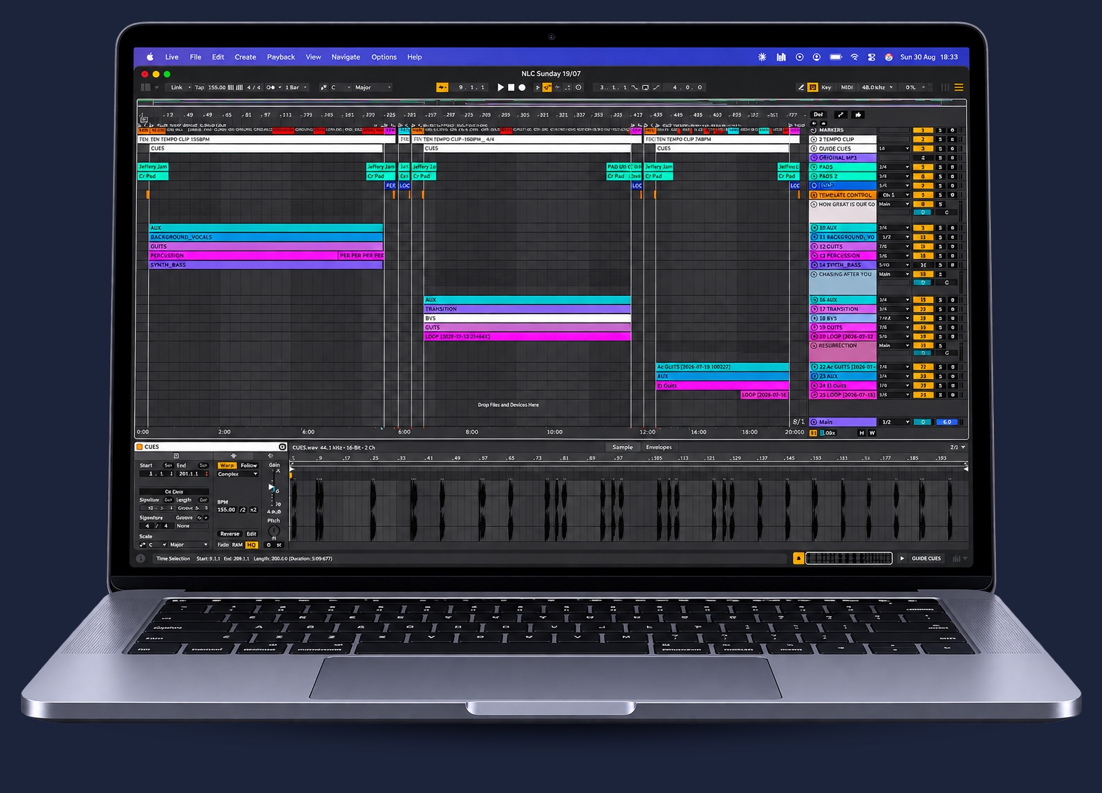 The actual Worship Session Template open in Ableton Live 12 — click, guide, pads, loops and stems tracks laid out in the arrangement view
